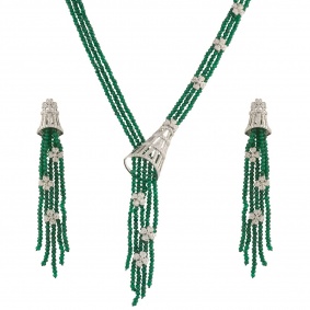 18k White Gold Emerald and Diamond Suite